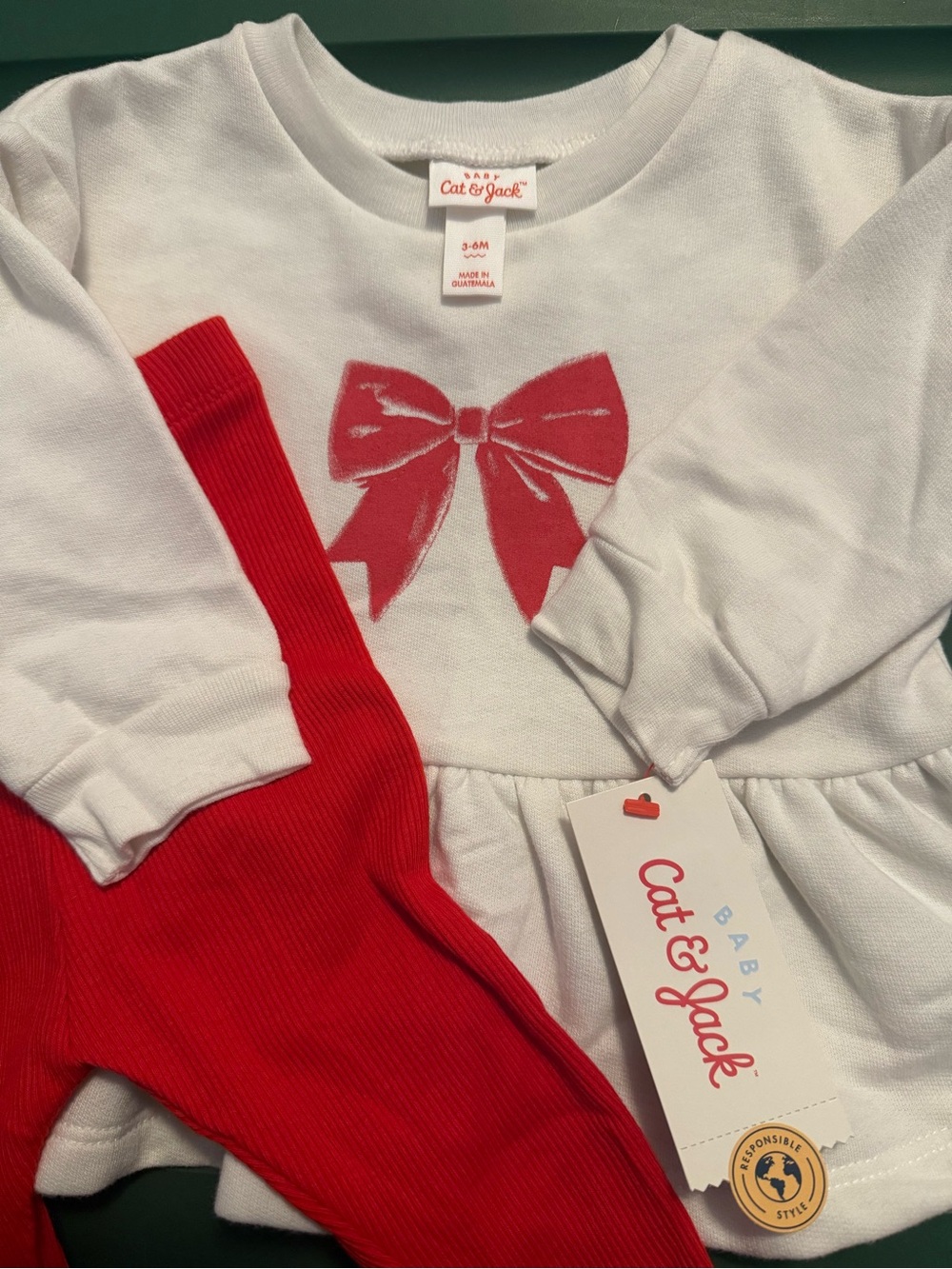 Cat & Jack White Long Sleeve Top with Red Bow and Red Leggings Set